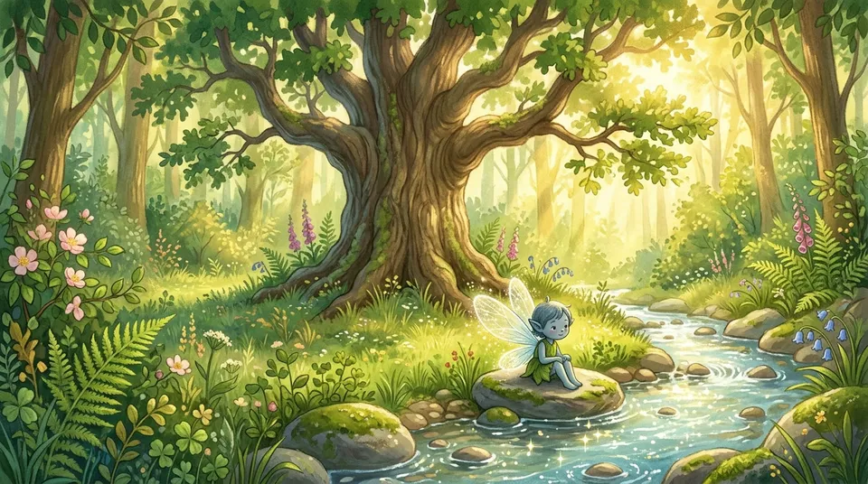 Ilustrace Lesa zpívajících stromů s vílou